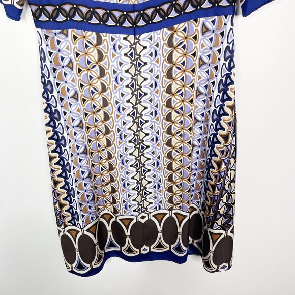 Elie Tahari Small Blue Purple Printed Silk Stretch Short Sleeve VNeck Dress Slip - Picture 7 of 11